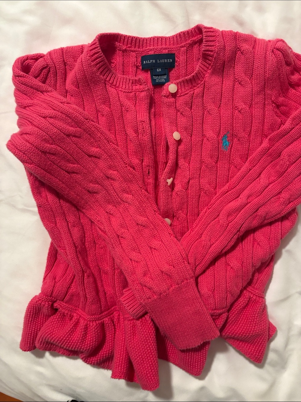 Ralph Lauren Hot Pink Cable Knit Ruffle-Hem Cardigan